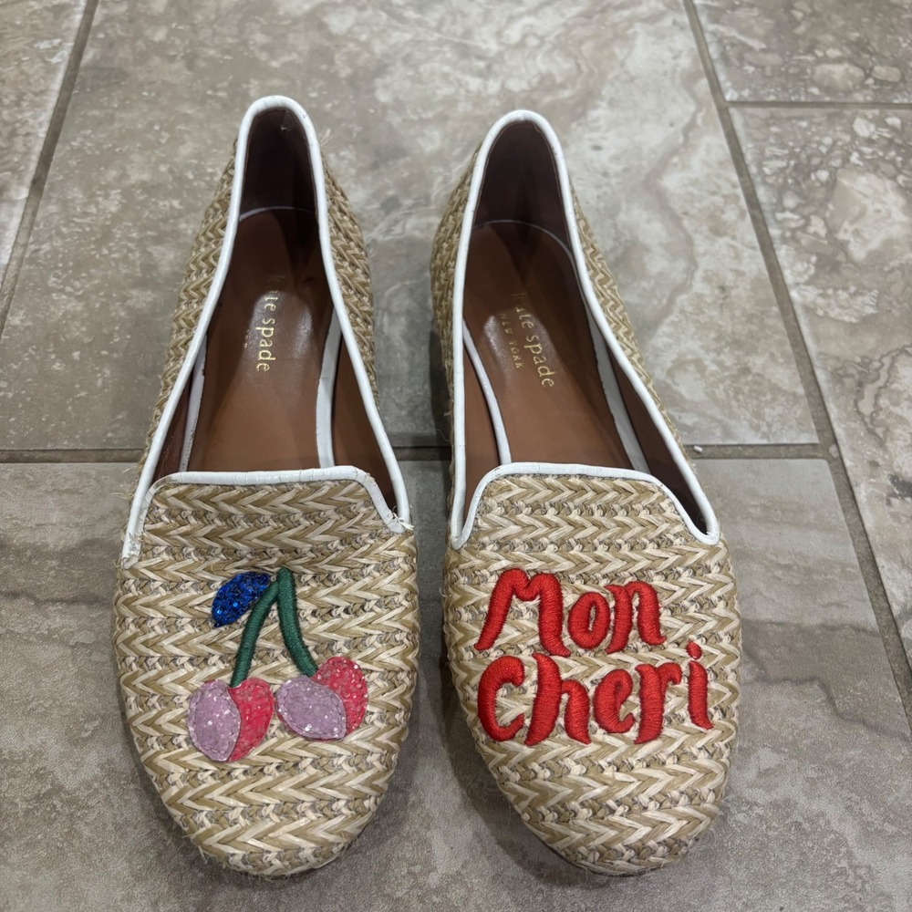 Kate Spade Mon Cheri Cherry Raffia Loafers Straw Flats Tan White 6B